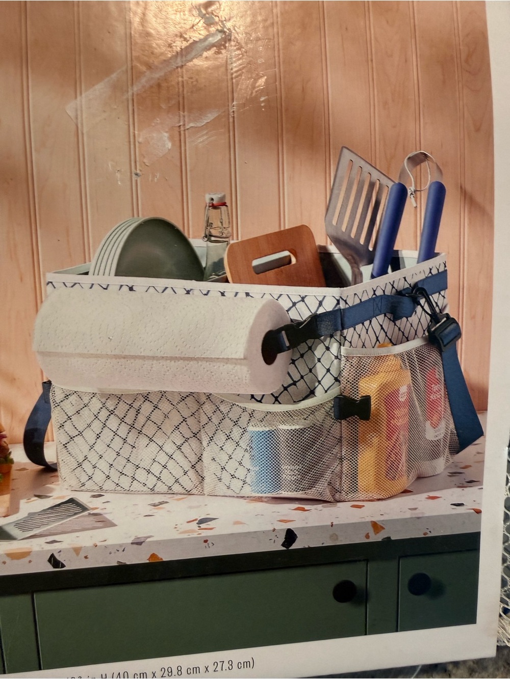 Room Essentials White and Blue Mesh Kitchen Caddy